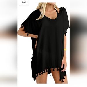 Yincro black chiffon tassel cover up beach swim dress. Size A. (Large)